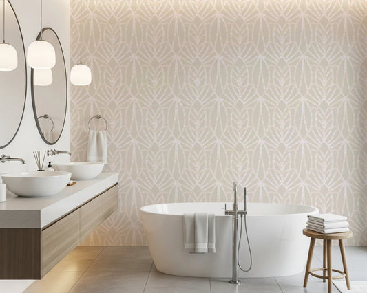 Whispered Arches Wallpaper adds soft geometric calm to a bright modern bathroom