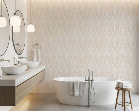Whispered Arches Wallpaper adds soft geometric calm to a bright modern bathroom, GD8112