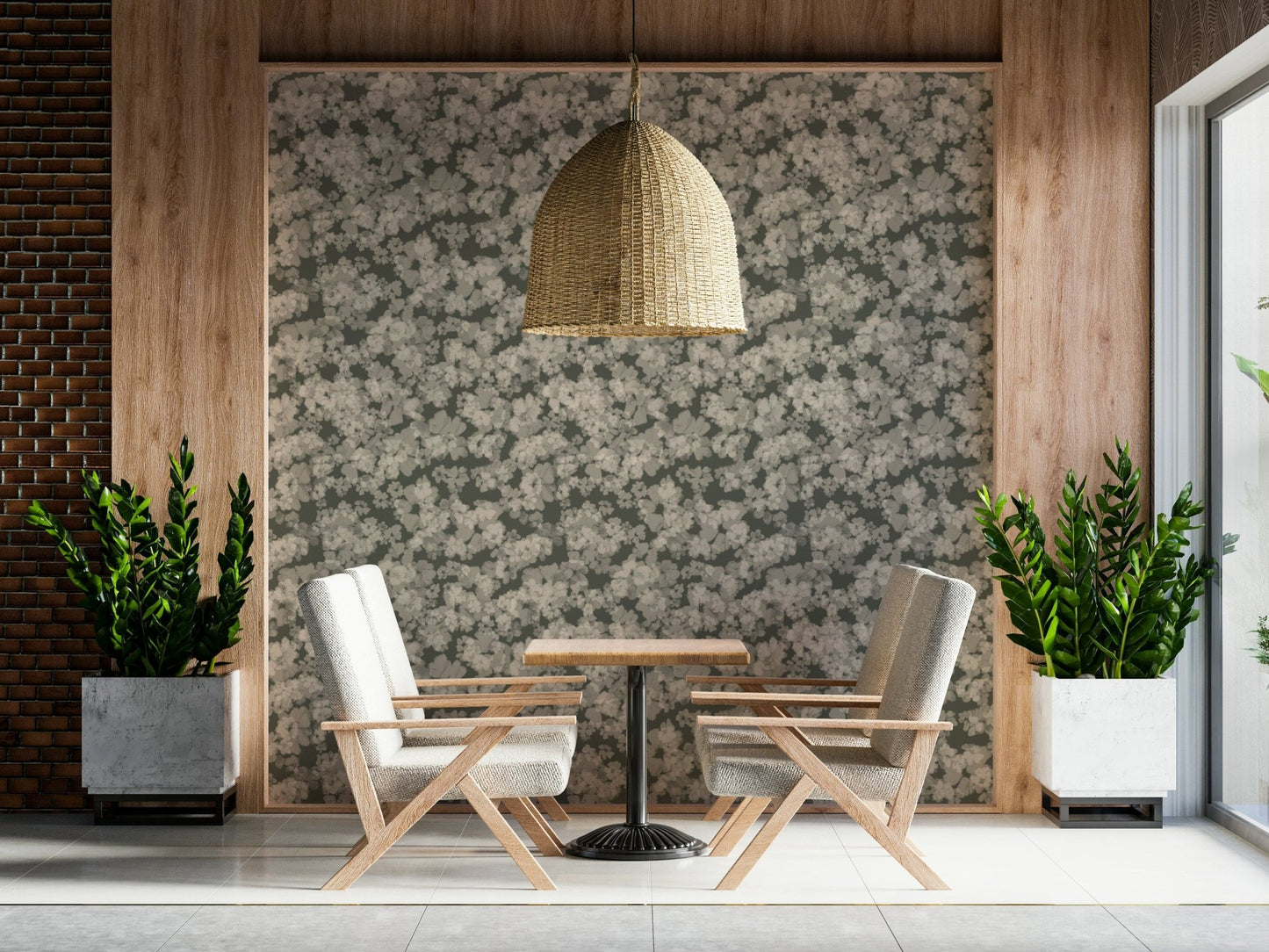 Forest green floral mural displaying the graceful Whispered Florals print.