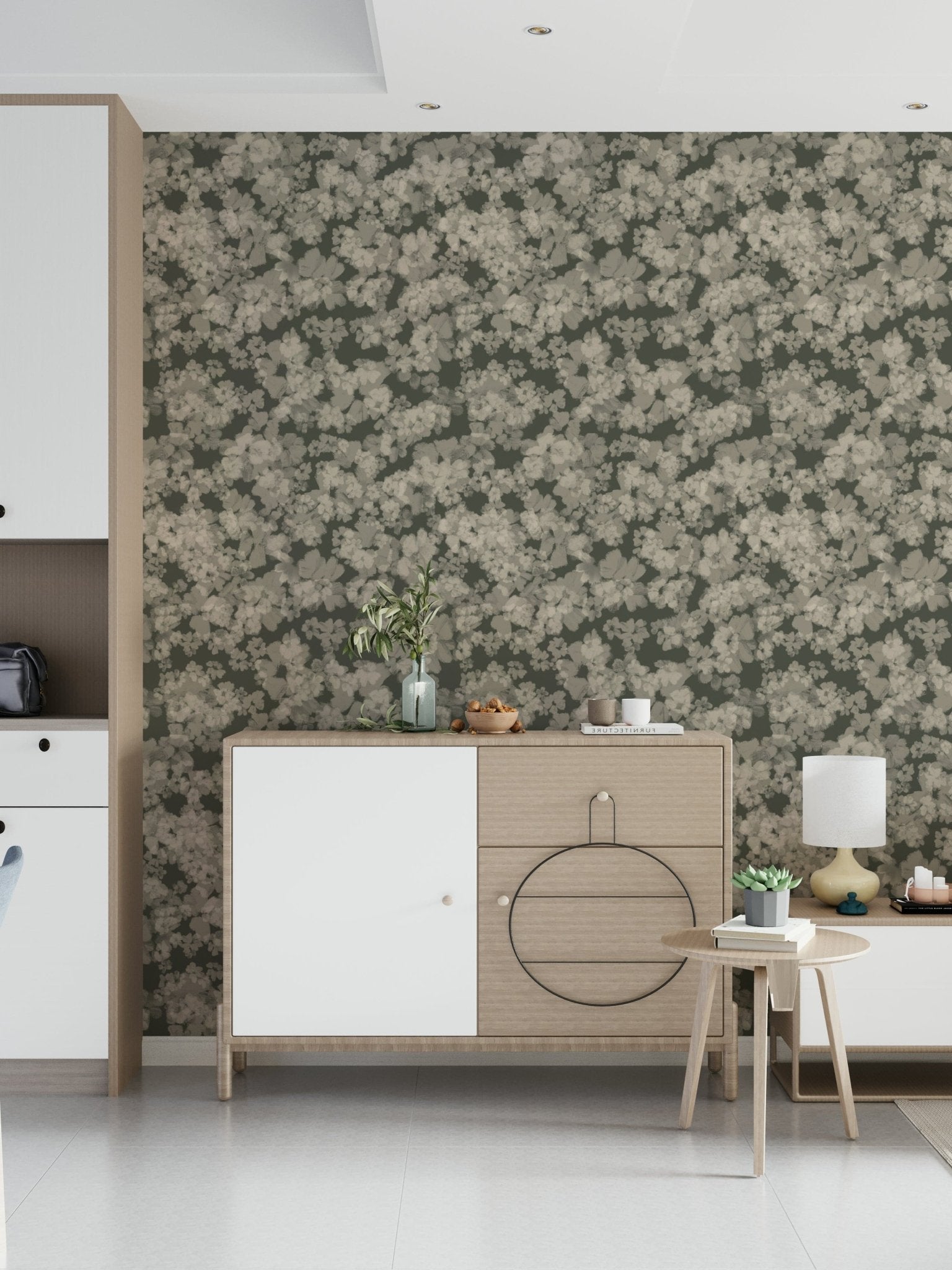 Delicate Whispered Florals mural featuring pale, creamy flower shapes.