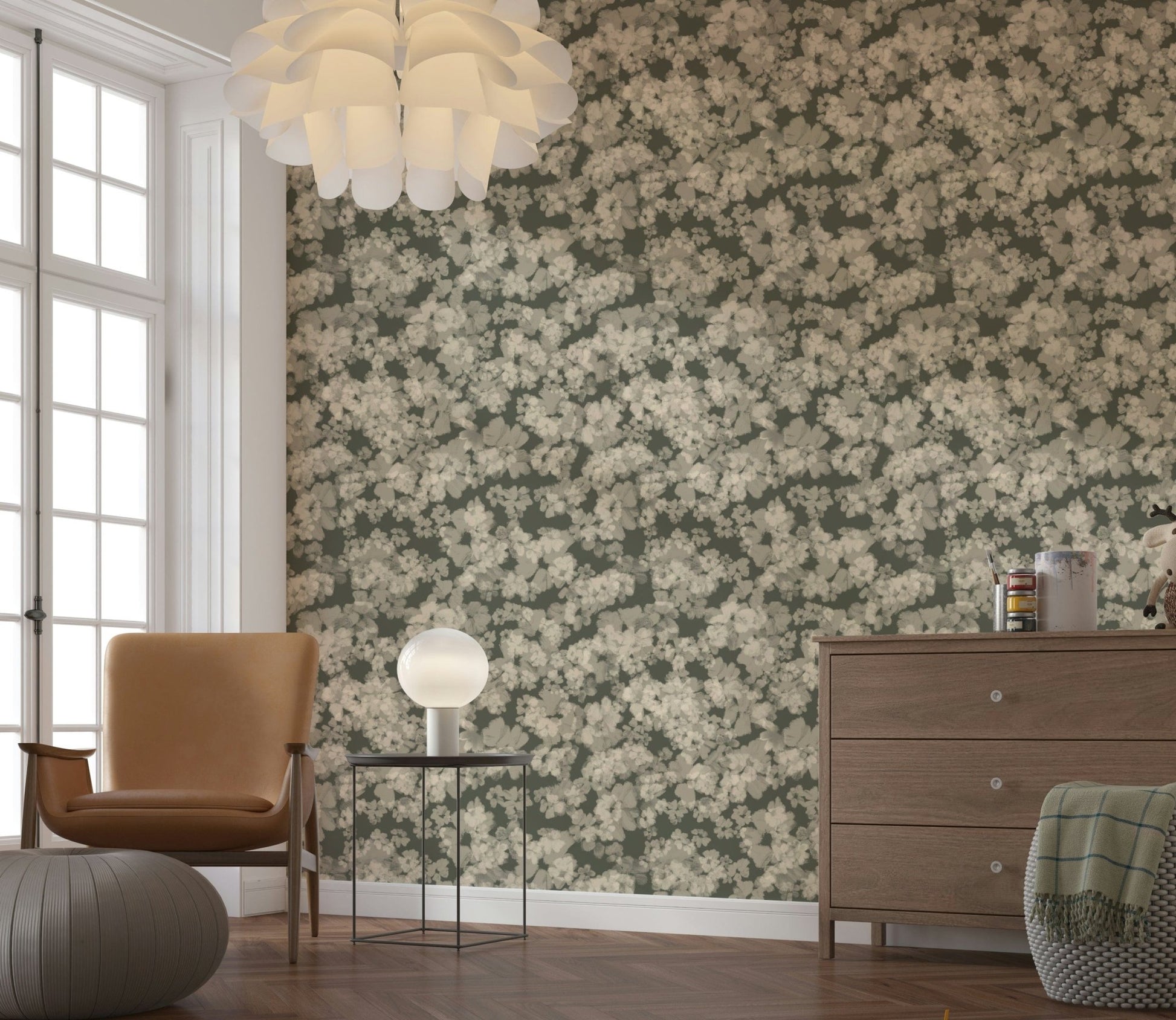 Whispered Florals wallpaper with a deep, sage green base.