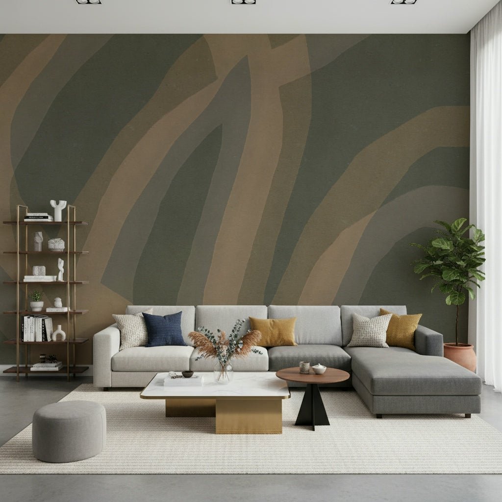 A peaceful forest landscape mural on decorative wallpaper.

