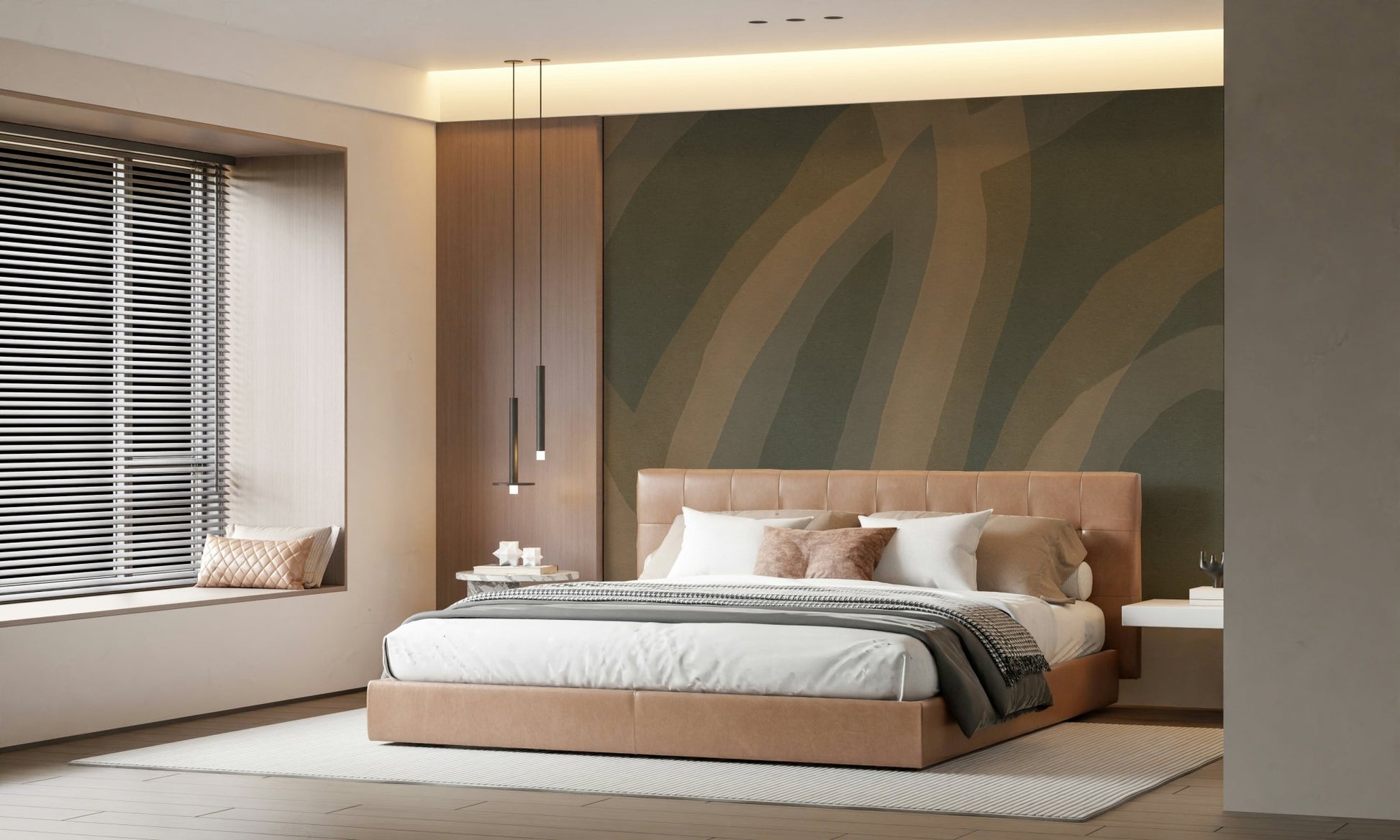 A graceful subtle light wall mural in cool, natural tones.

