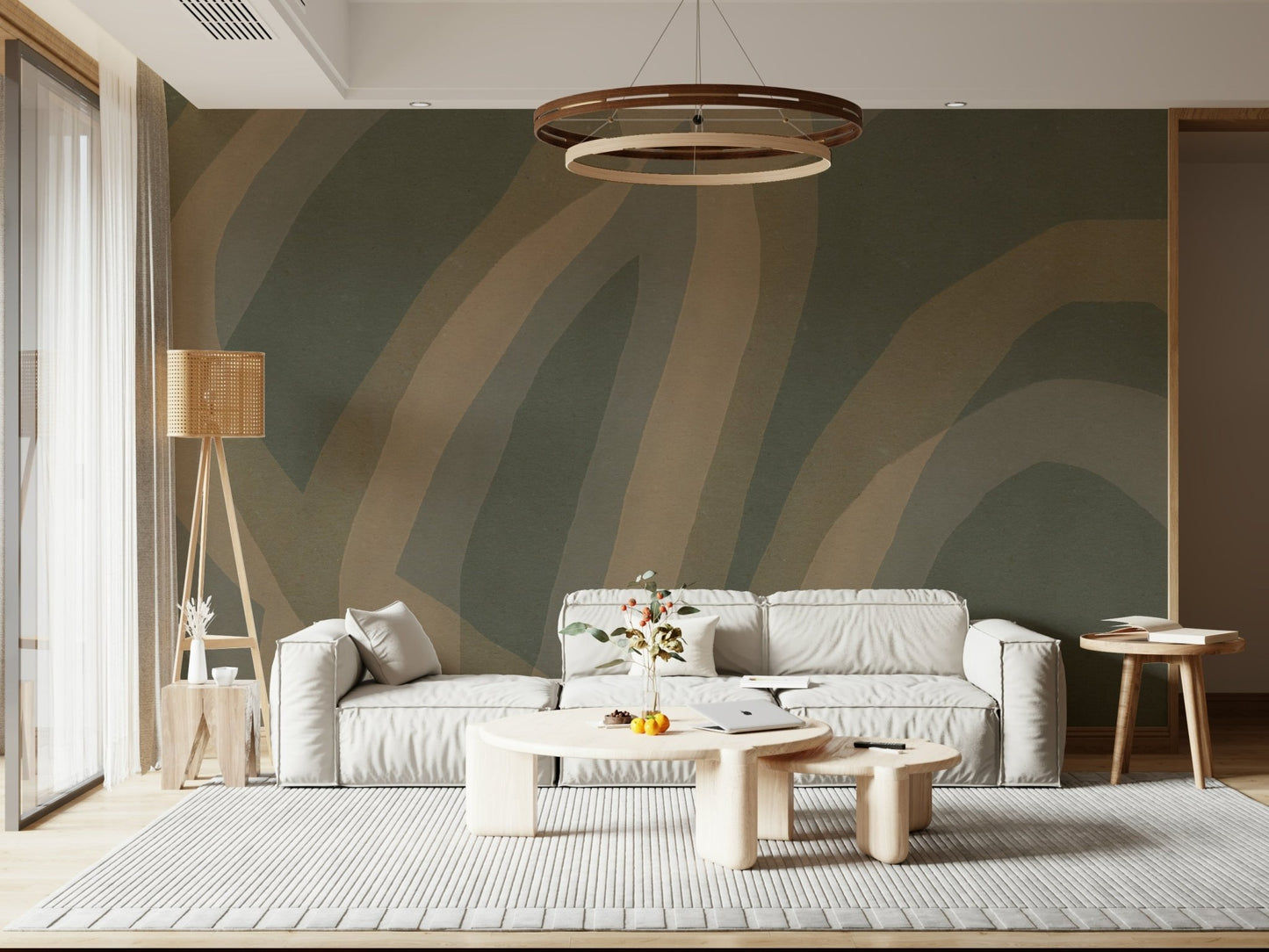An artistic mystical forest mural on minimalist wallpaper.

