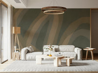 An artistic mystical forest mural on minimalist wallpaper.

