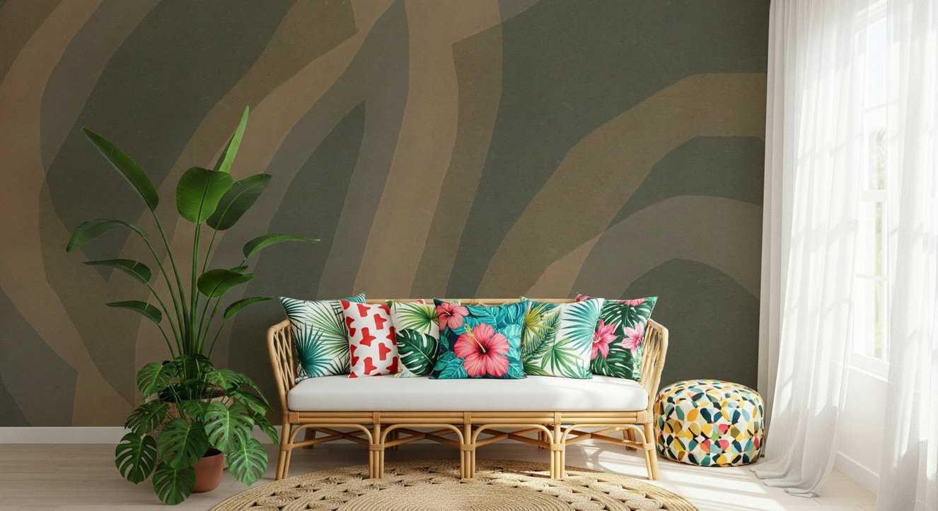 A beautiful serene forest path wallpaper mural with subtle light.

