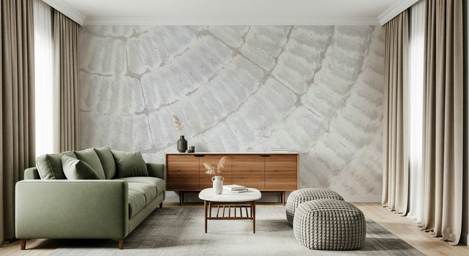 Installation shot showing the easy application of the Whispered Texture peel and stick mural.