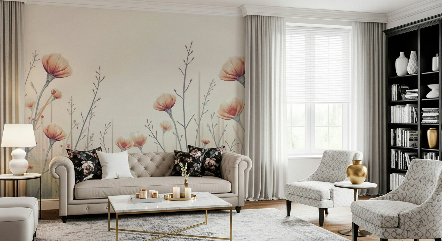 Soft floral Whispering Blooms wall mural brings serene garden wallpaper vibes.