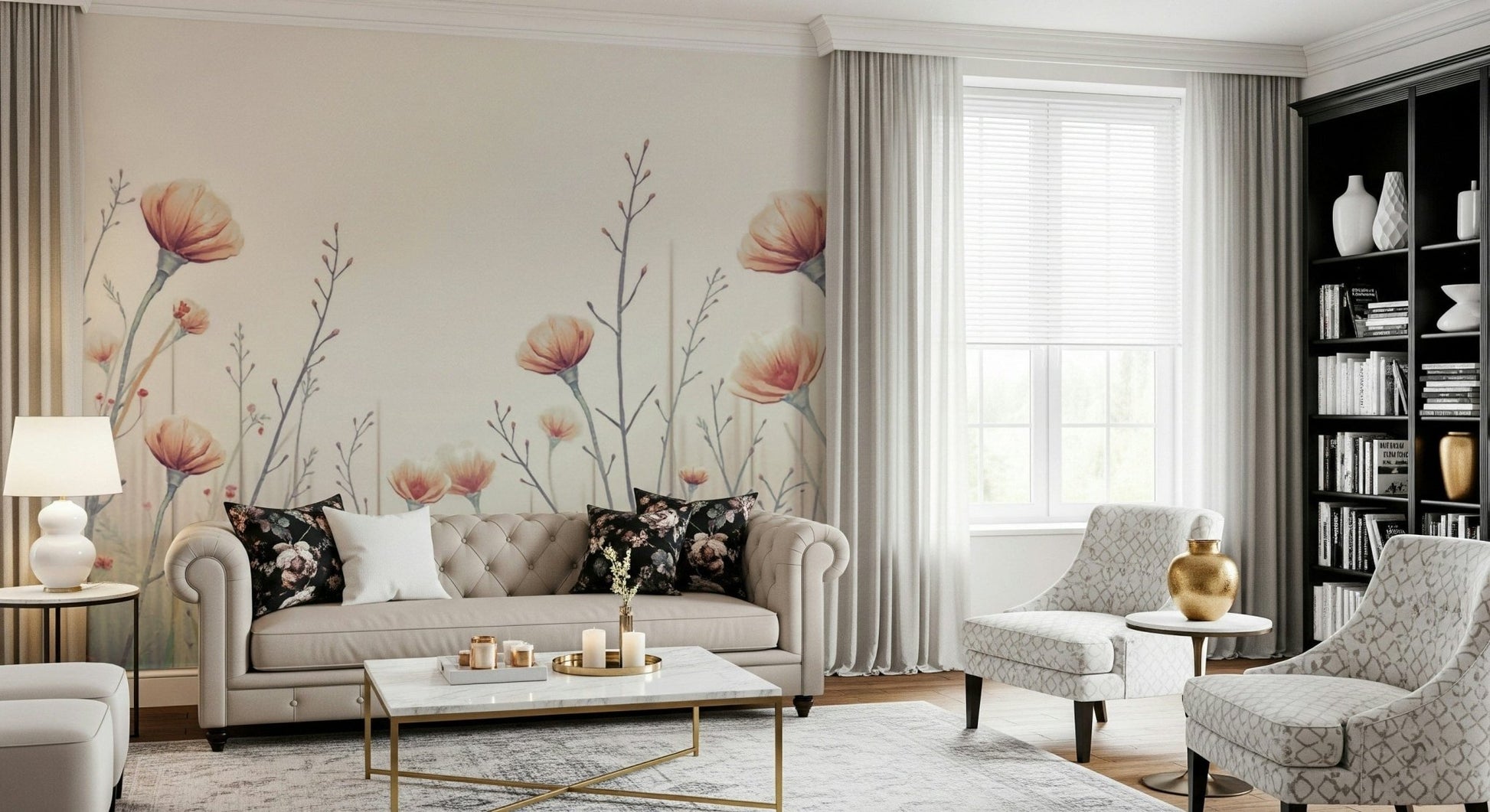 Soft floral Whispering Blooms wall mural brings serene garden wallpaper vibes.