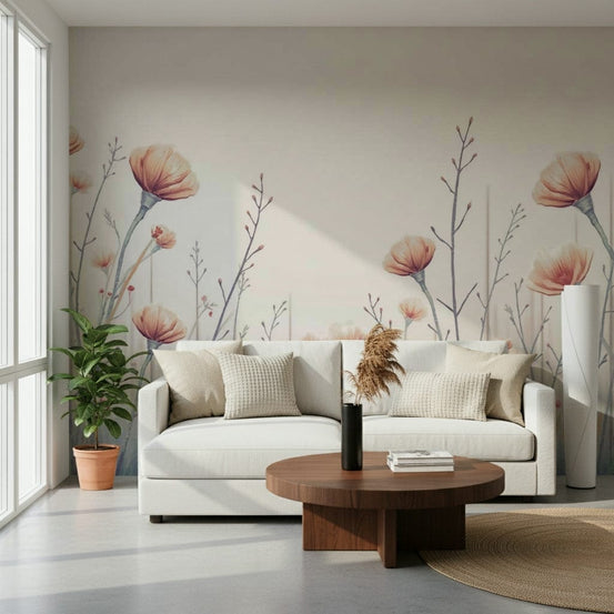 Artistic Whispering Blooms wall mural presents airy spring foliage wallpaper., GD7489