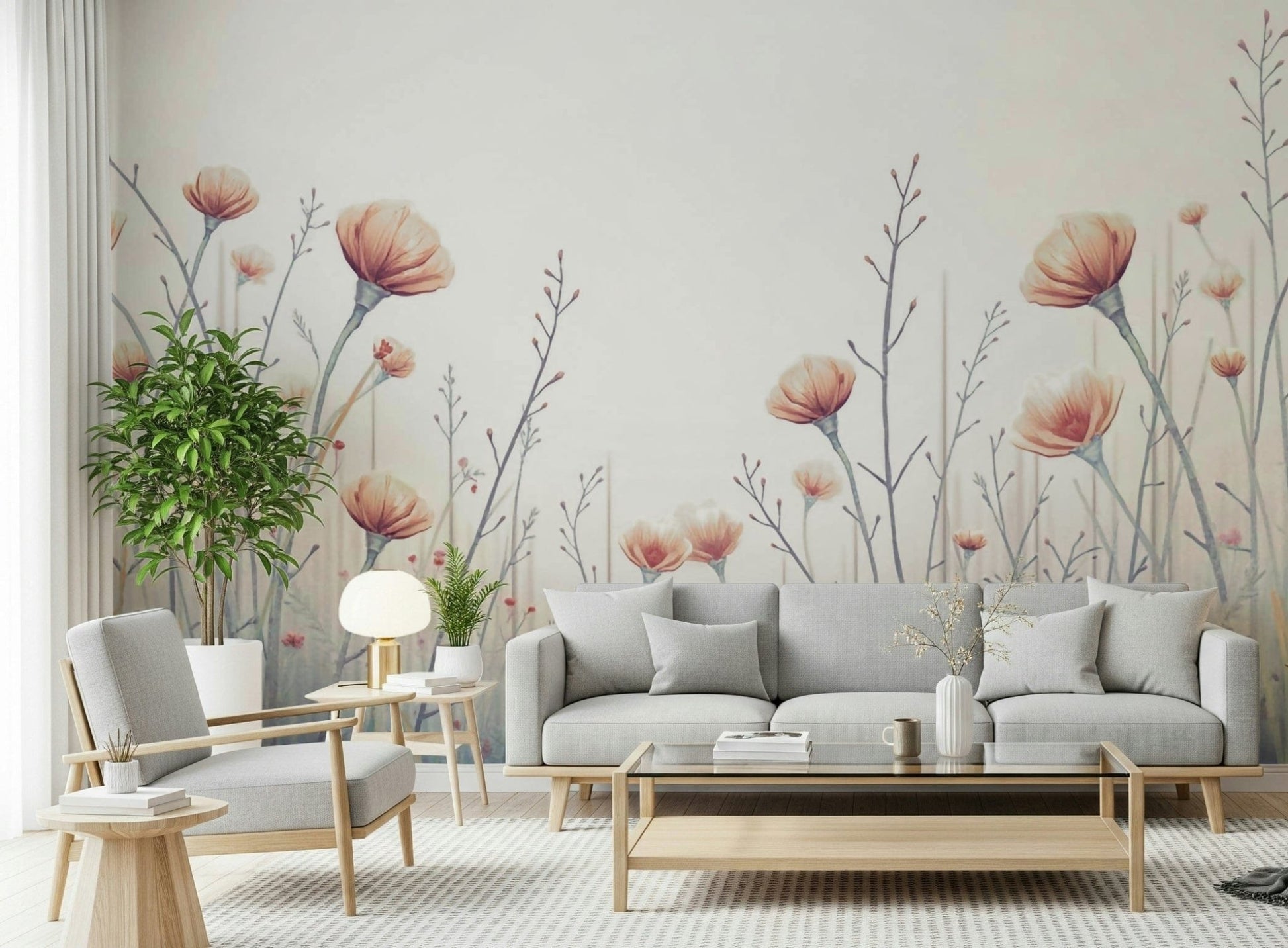 Radiant Whispering Blooms wallpaper captures light-filled outdoor scene wall mural.