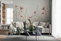 Serendipitous Whispering Blooms wallpaper highlights graceful poppy wall mural sketch.