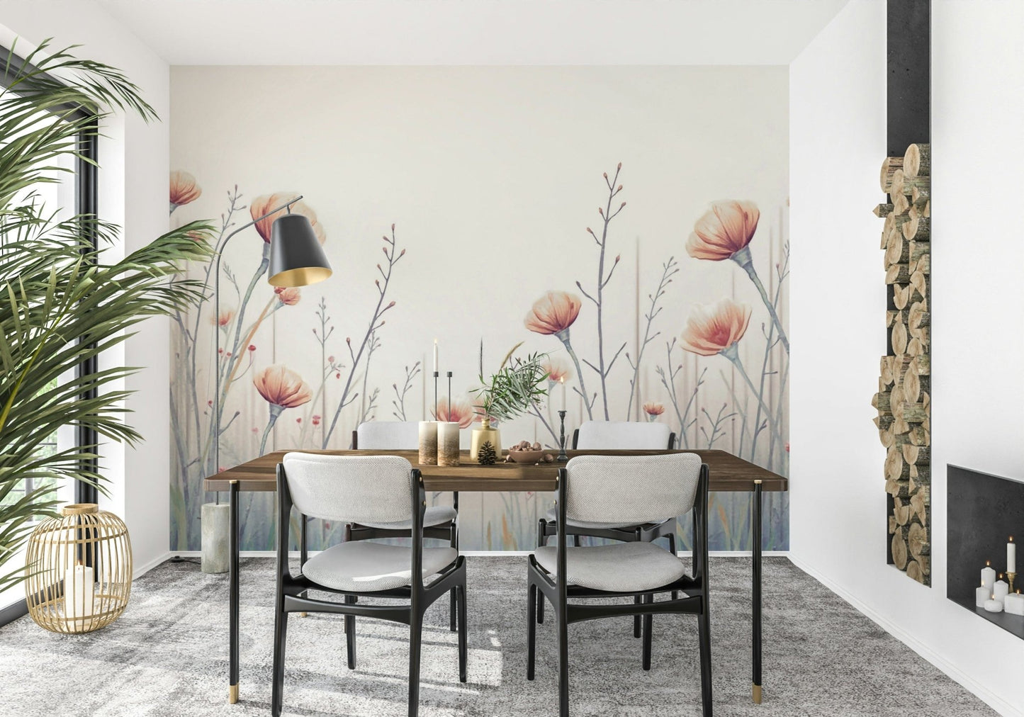 Ethereal peach Whispering Blooms wallpaper features delicate botanical wall mural art.