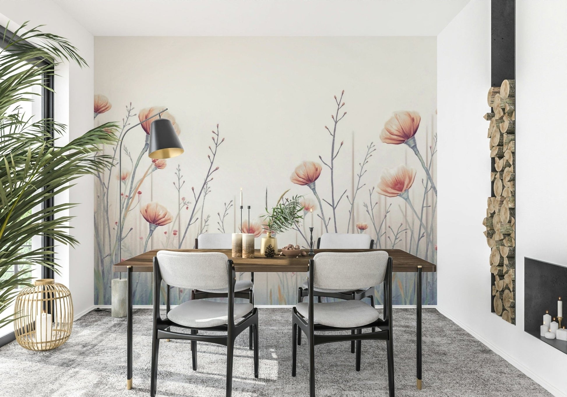 Ethereal peach Whispering Blooms wallpaper features delicate botanical wall mural art.