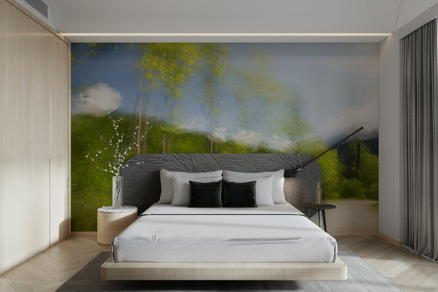 Whispering Greens: Blurred Nature Photography of Trees and Sky Wall Mural