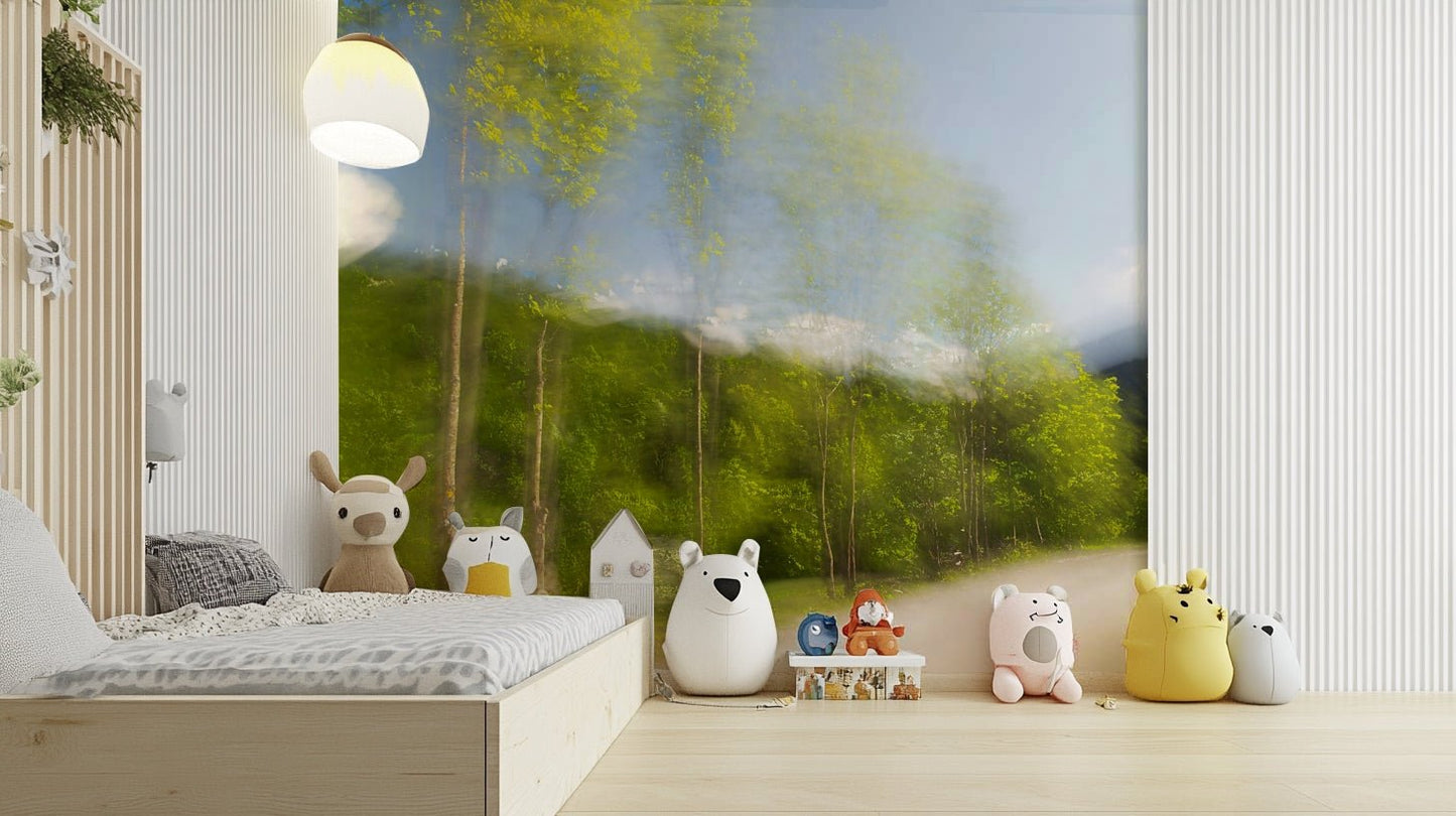 Whispering Greens: Blurred Nature Photography of Trees and Sky Wall Mural