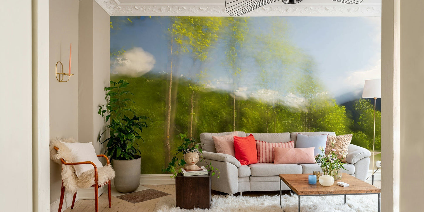 Whispering Greens: Blurred Nature Photography of Trees and Sky Wall Mural