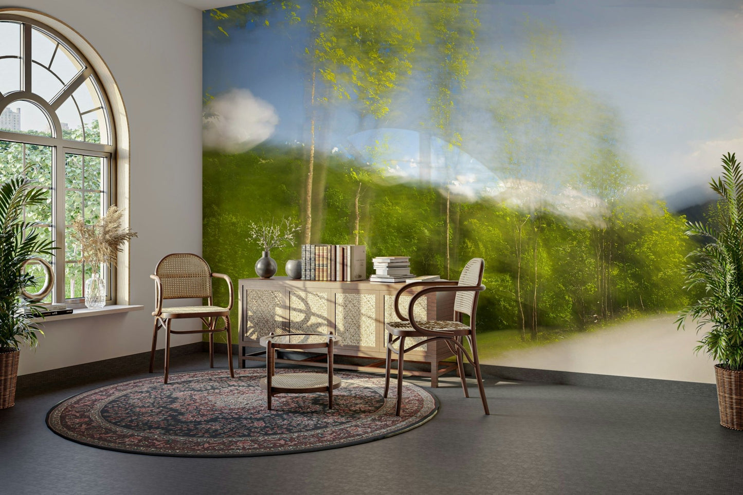 Whispering Greens: Blurred Nature Photography of Trees and Sky Wall Mural
