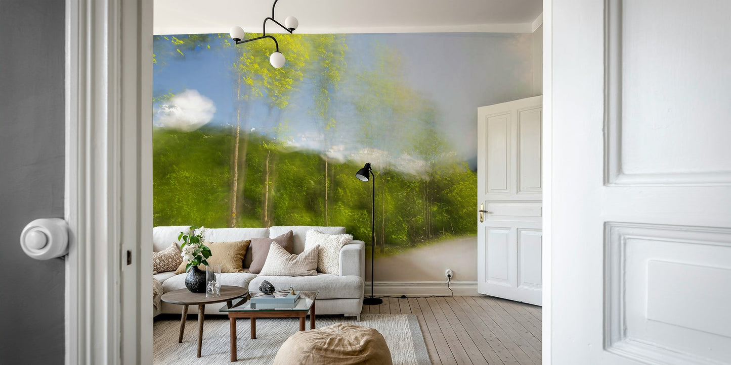 Whispering Greens: Blurred Nature Photography of Trees and Sky Wall Mural