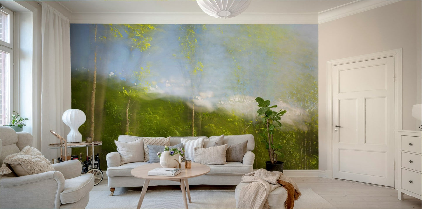 Whispering Greens: Blurred Nature Photography of Trees and Sky Wall Mural