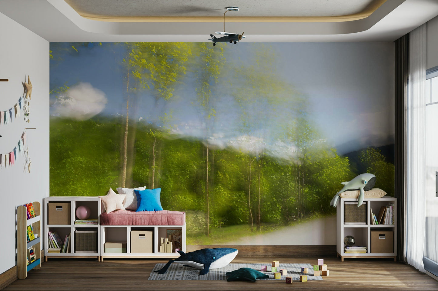 Whispering Greens: Blurred Nature Photography of Trees and Sky Wall Mural