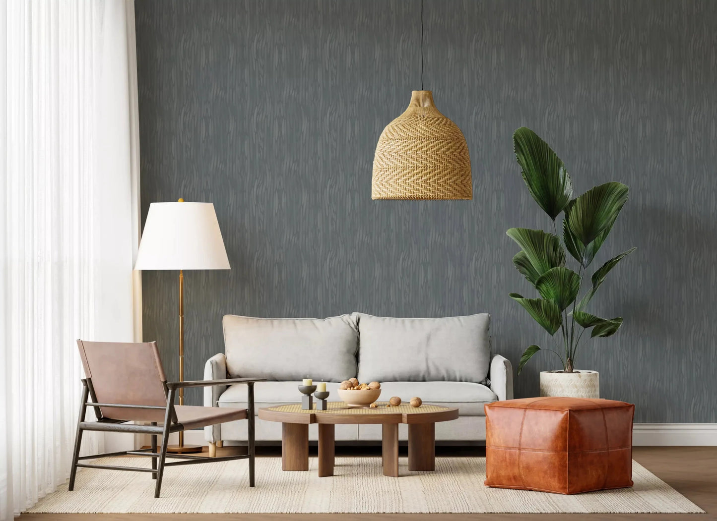 Greige tones settle Living room this Whispering Greige Waves moody wallpaper.GD9523