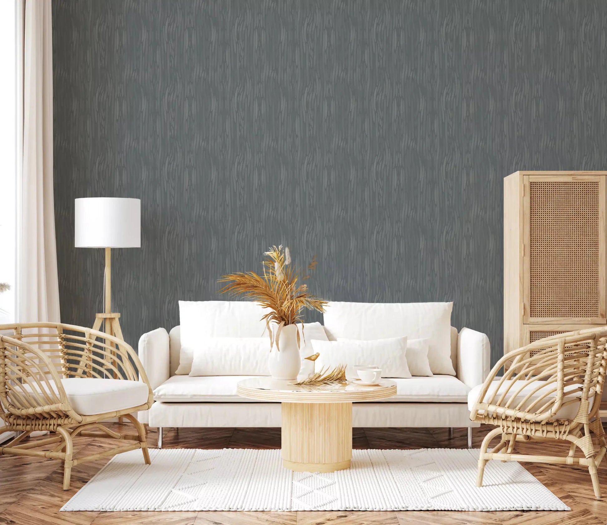 Living area reads quieter through Whispering Greige Waves wallpaper and its layered grey wash.GD9523
