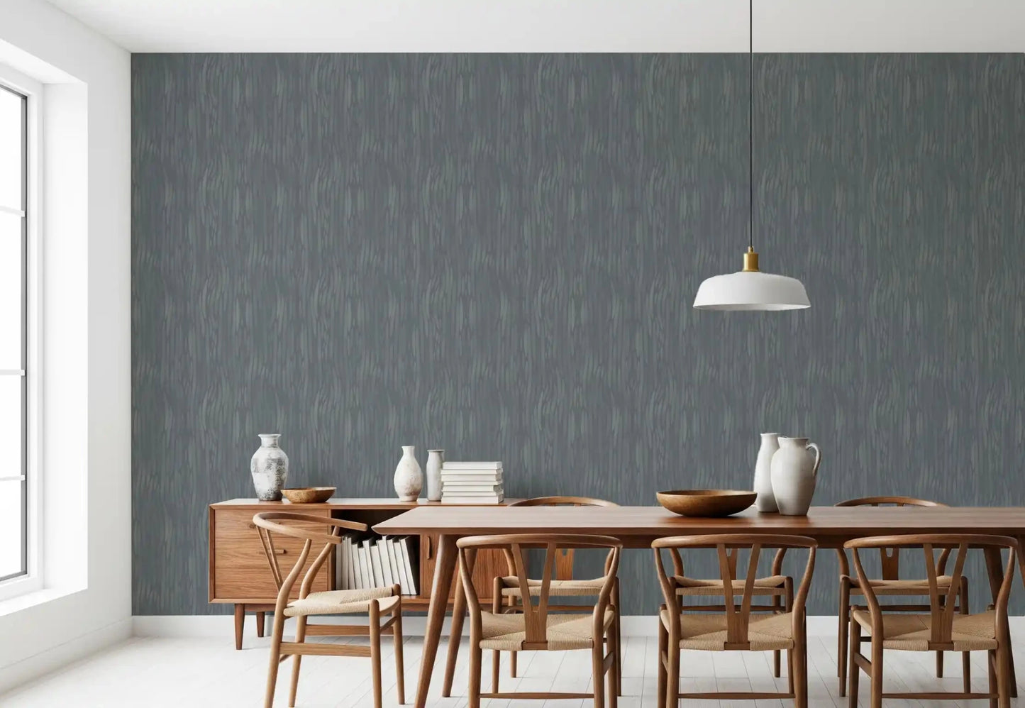 Dining room deepens with charcoal vertical lines from this Whispering Greige wallpaper.GD9523
