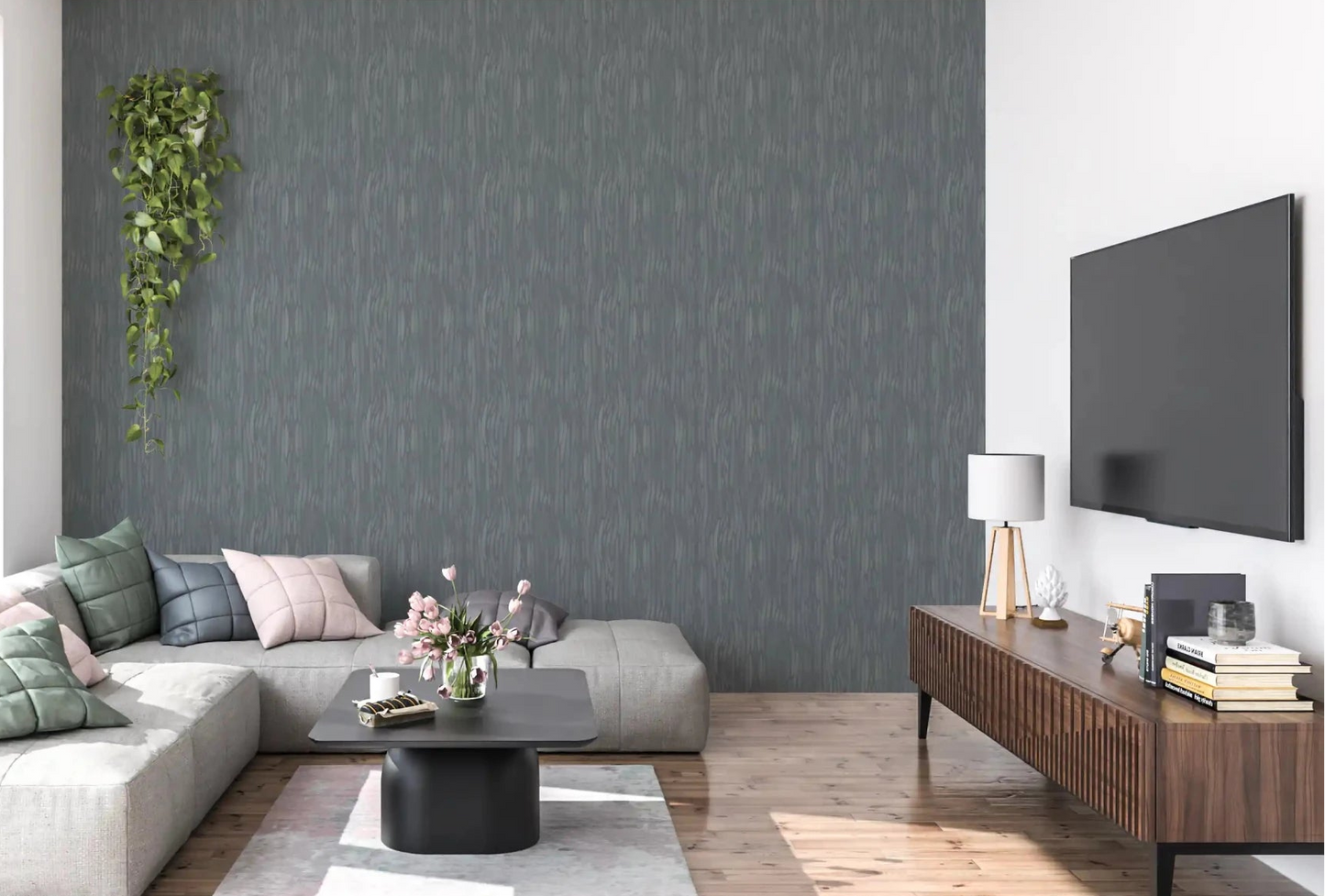 Moody slate strokes run across the living room behind the sofa on this Whispering Greige wallpaper.GD9523