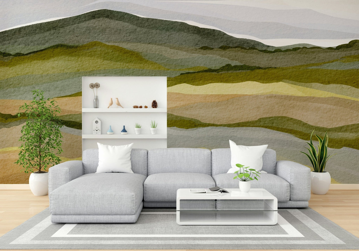 Wall mural featuring rolling hills and trees

