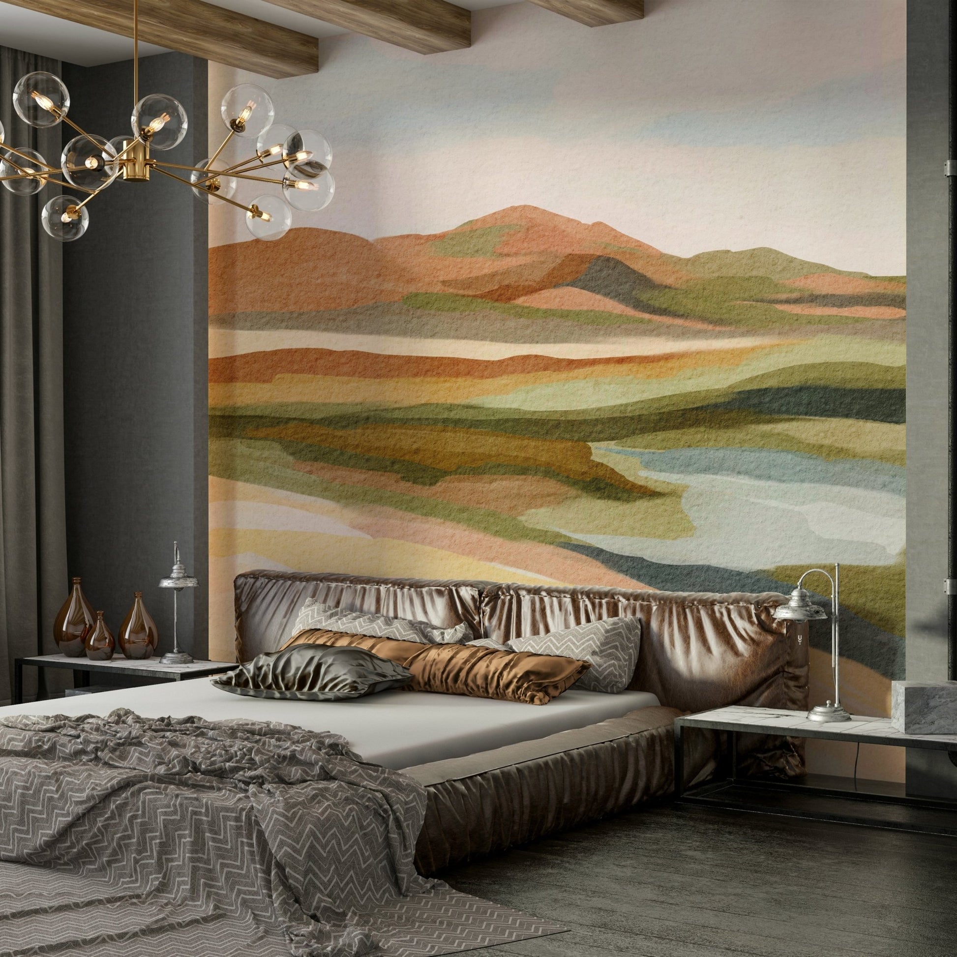 Minimalist wall mural with natural hill views

