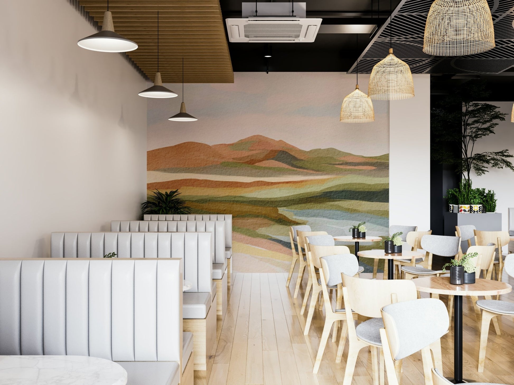 Misty hills mural in soft, dreamy colors

