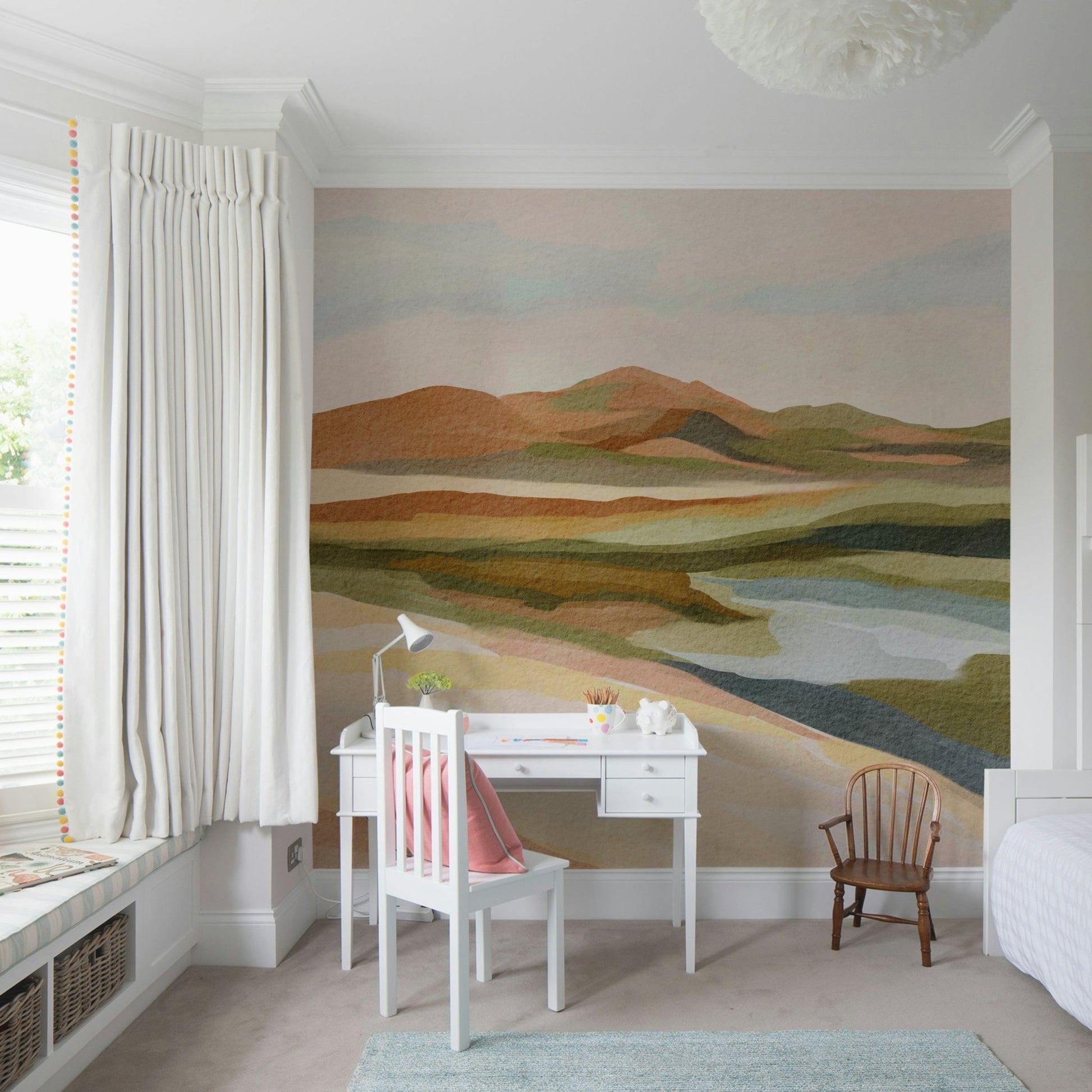Serene hillside mural with a tranquil feel

