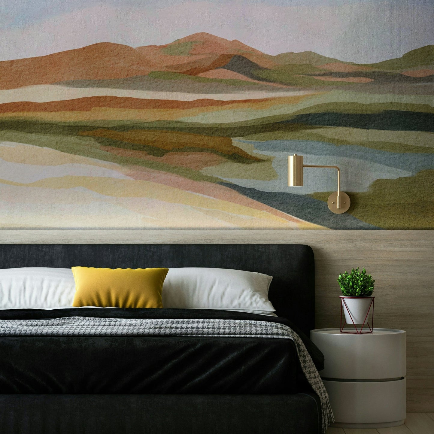 Scenic landscape mural with rolling hills


