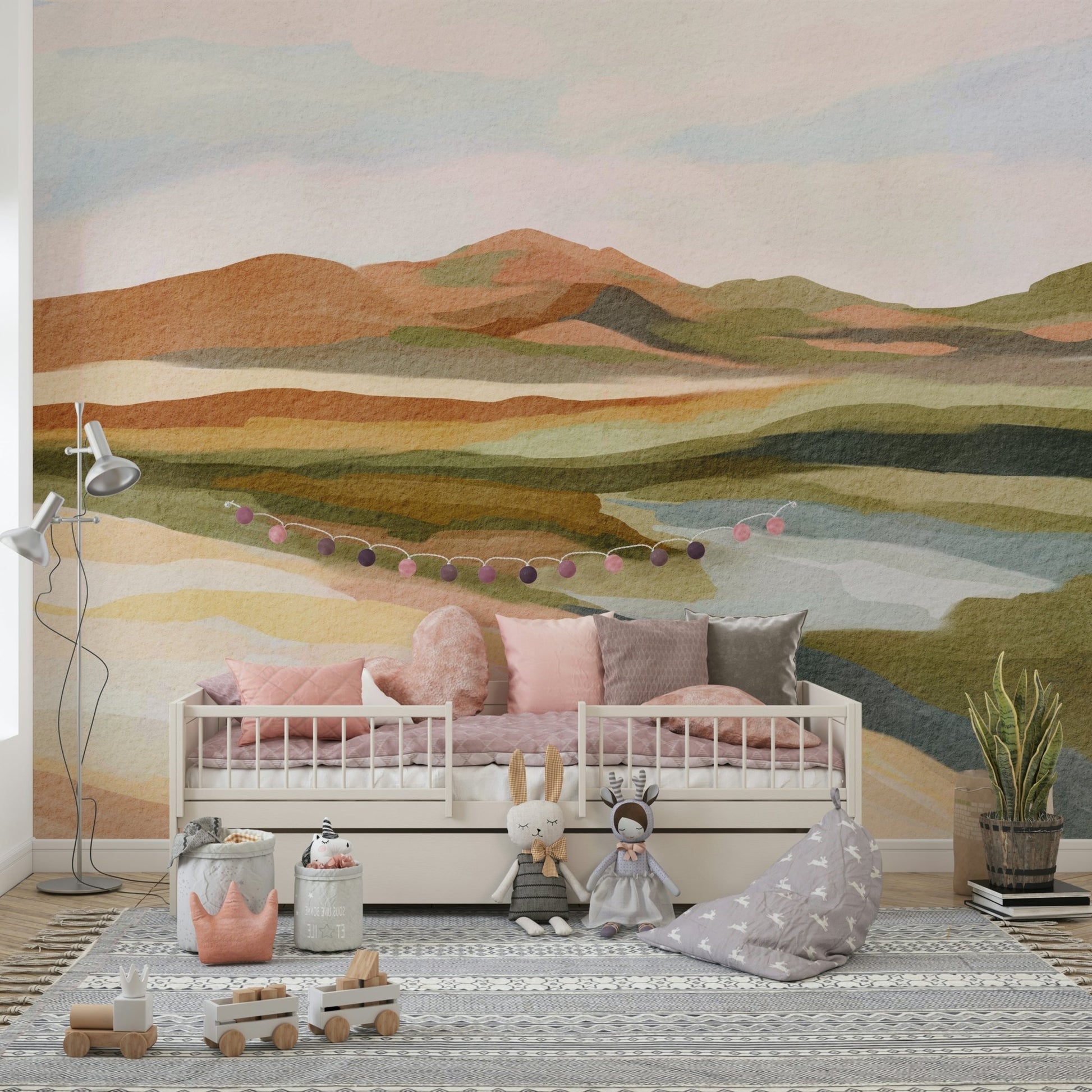 Nature-inspired mural featuring layered hills

