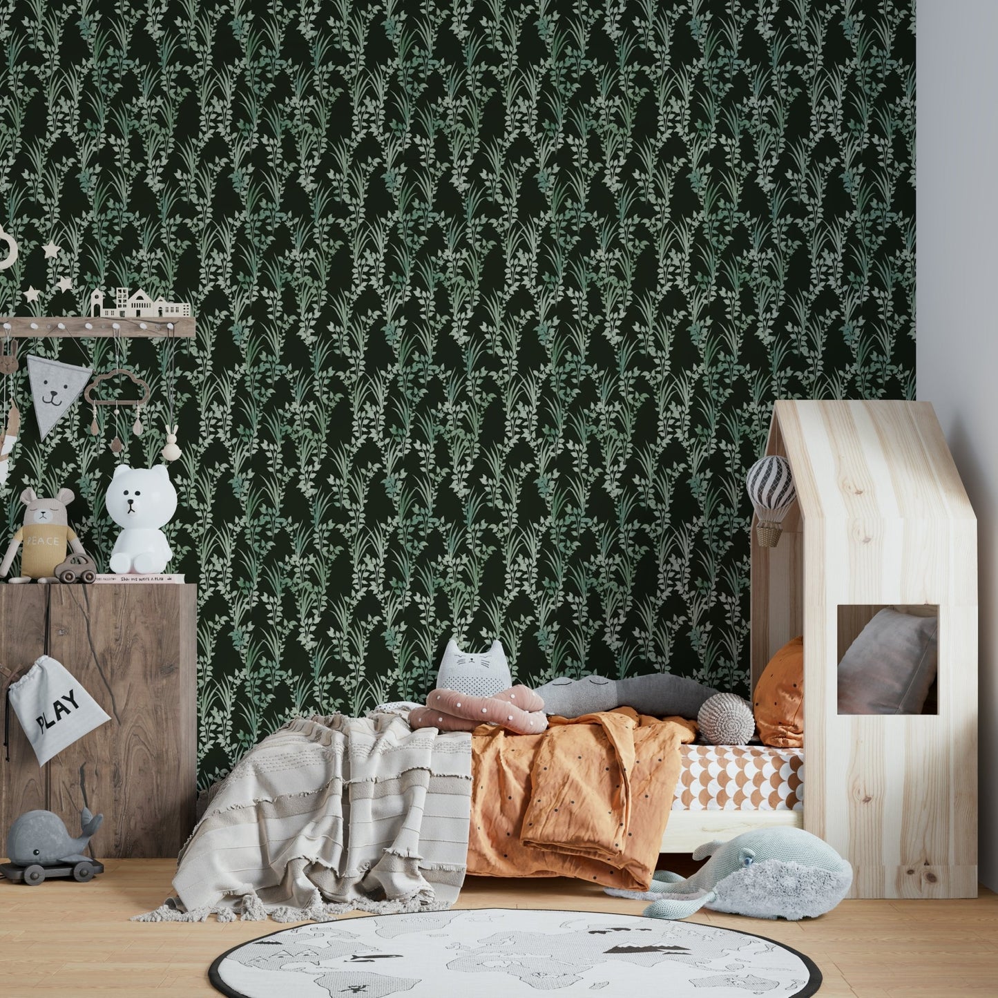 The wallpaper is used to create a feature wall in a dining room.

