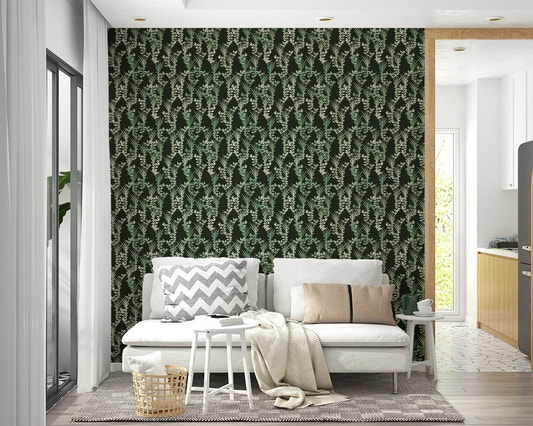 A beautiful modern living room with a botanical floral mural.


