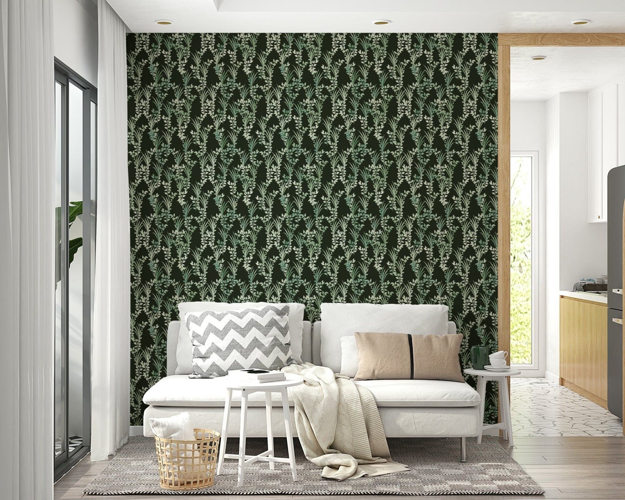 A beautiful modern living room with a botanical floral mural., GD4663