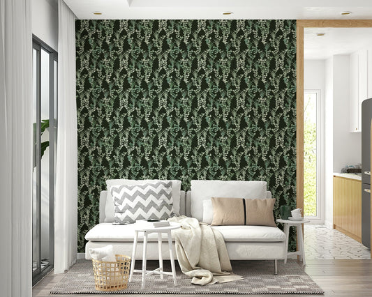 A beautiful modern living room with a botanical floral mural.

