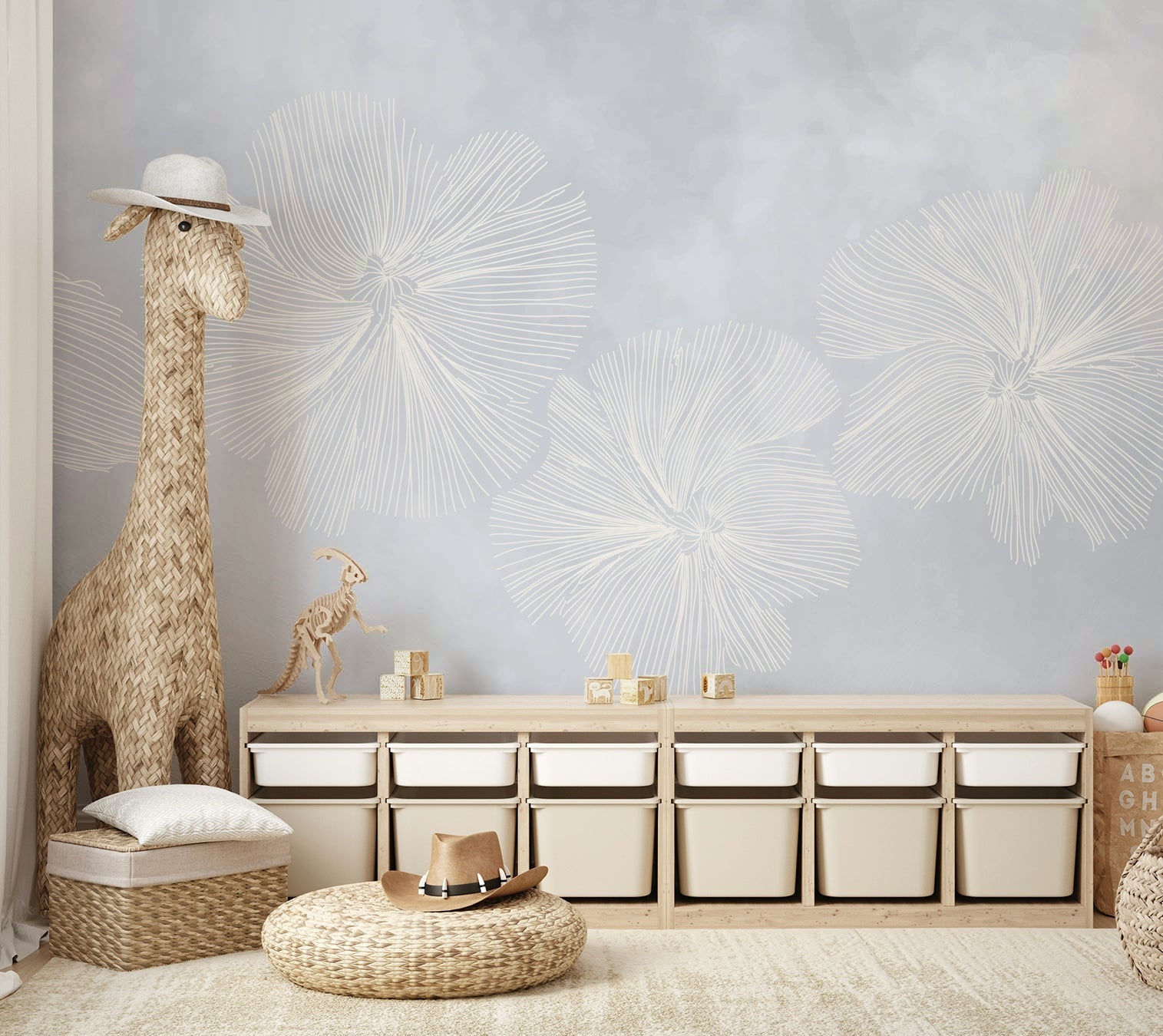 The colors are light and muted, like soft white, light gray, and off-white.

