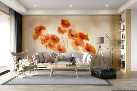 A beautiful delicate floral wallpaper mural with soft poppies., GD5295