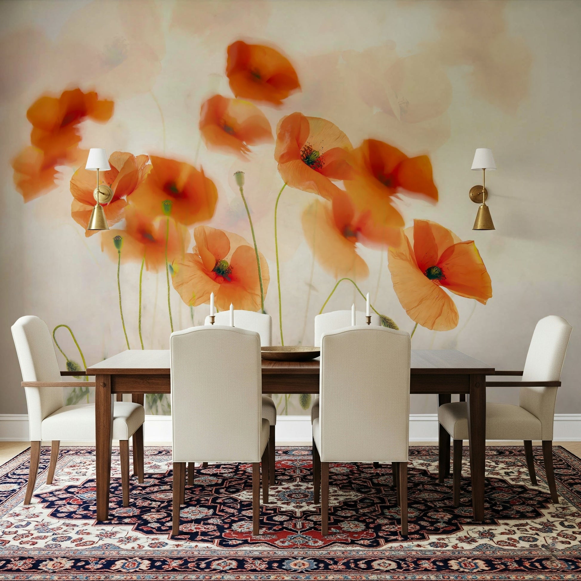 A calming floral design wallpaper mural that defines a space.