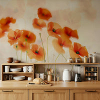 An artistic poppy bloom mural on minimalist wallpaper.