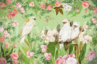 Soft and elegant wall mural with white cockatoos and roses., GD1201