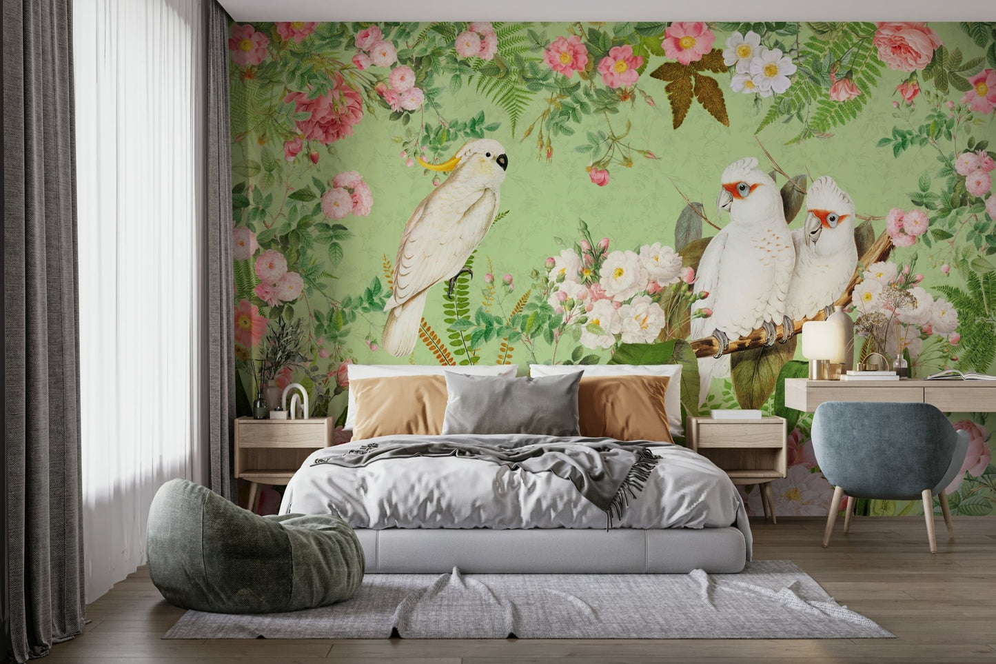 Delicate white cockatoos and roses wall mural design., GD1201