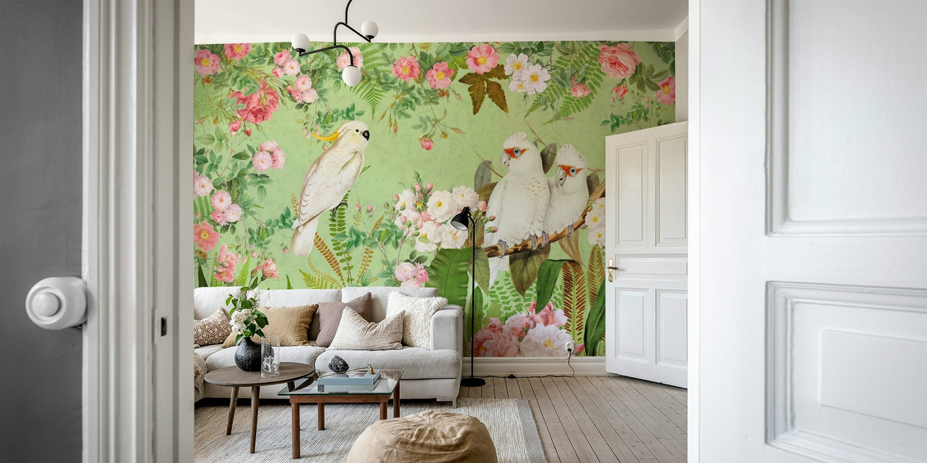 Whispering roses with white cockatoos wall mural.

