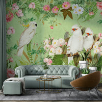 Floral mural with cockatoos in a soft color palette.

