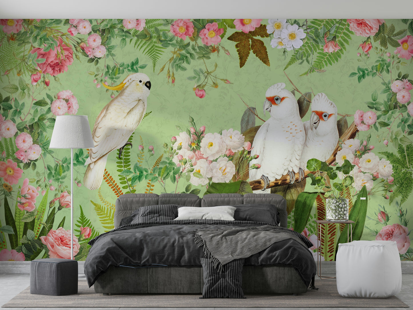 White cockatoos perched among blooming roses mural.

