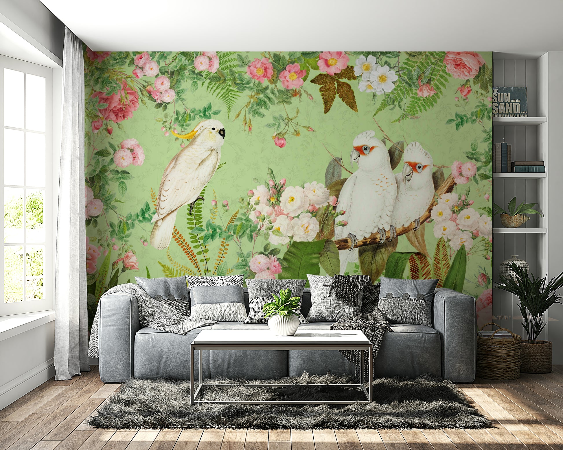Whispering roses and birds wall mural for decor.

