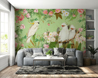 Whispering roses and birds wall mural for decor.

